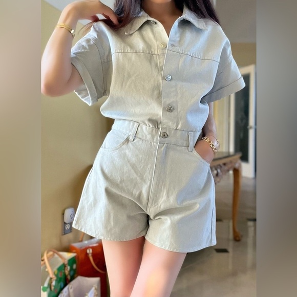 Zara 100% Cotton Denim Romper in Metallic Silver Gray New Without Tags Women’s S - Picture 2 of 9
